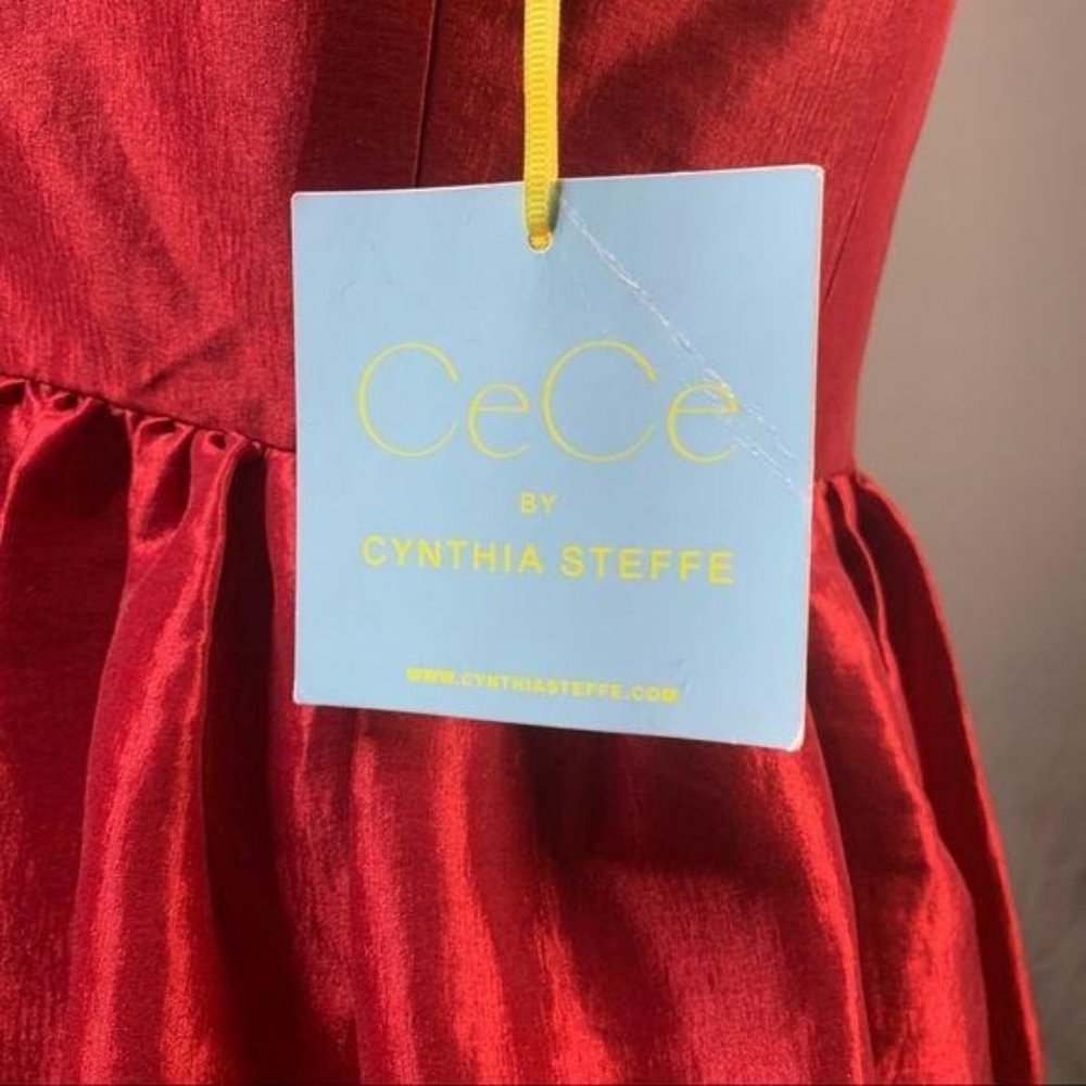CeCe By Cynthia Steffe NEW Red Satin Pleated Full Bow Fit Flare A Line Dress - Picture 8 of 9